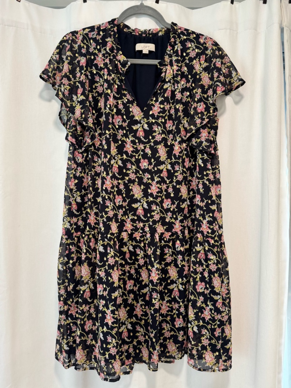 LOFT Black Floral V-Neck Ruffle Mini Dress
